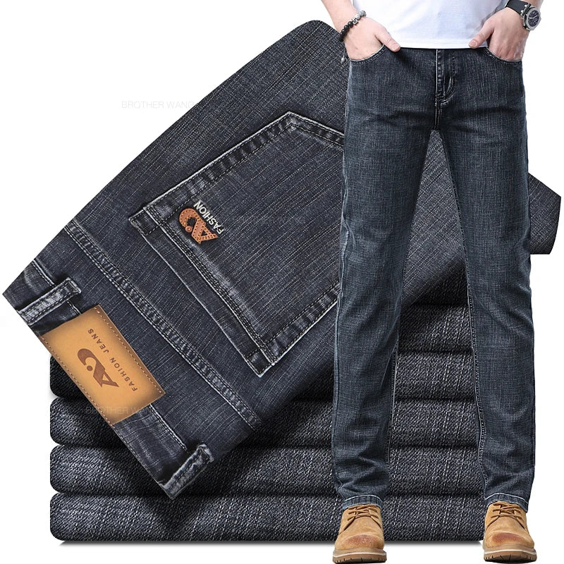 Spring Men's Light Blue Slim Jeans Stylish Casual Stretch Fabric Denim Pants Classic Trousers Smoke Gray - Matrix Studios