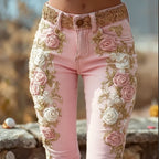 Romantic Pink Rose Flower Print Jeans Vintage Elegant Buttoned Women's Pants Autumn High Waist Slim Chic Trousers Harajuku Mujer - Matrix-studios.com