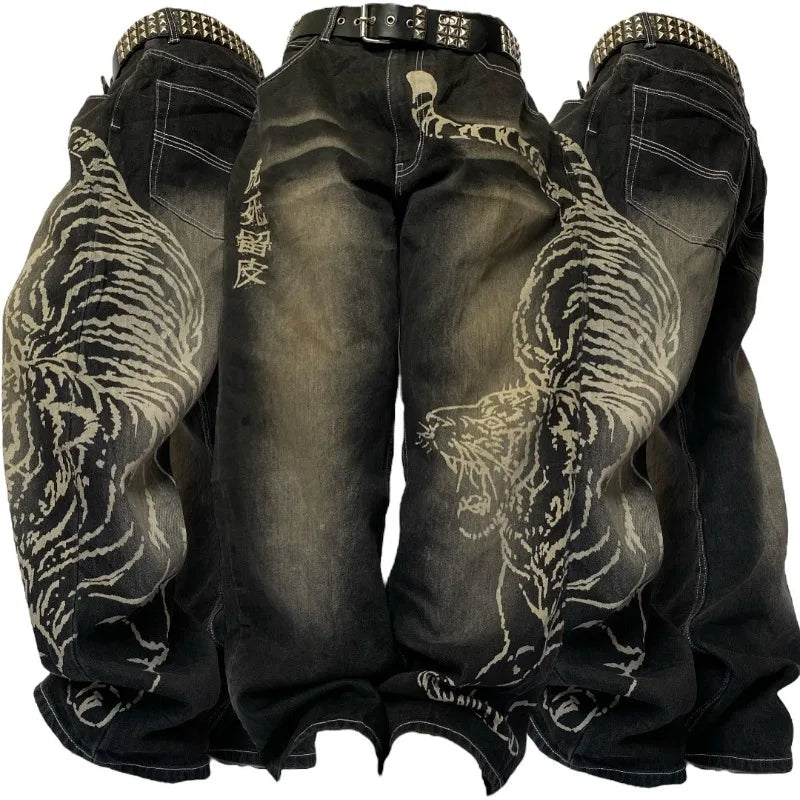 2025 Fashion New Oversized Pattern Printing Baggy Jeans Men Y2K Street Vintage Rock Casual Straight High Waist Wide Leg Trousers - Matrix Studios