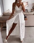 Summer V Neck Solid Color Lace Hollow-Out Sleeveless Sling Party Wear High Waist Rompers Holiday Casual White Women's Jumpsuit - Matrix Studios