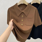 Elegant POLO Short Sleeve T Shirt Loose Pockets Design Thin Summer Blouses For Women Aesthetic Clothing - Matrix-studios.com