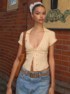 Hugcitar Striped Print V Neck Polo Short Puff Sleeve Buttons Slim Crop T-Shirt Top Summer Women Fashion Clothes Vacation Party - Matrix-studios.com