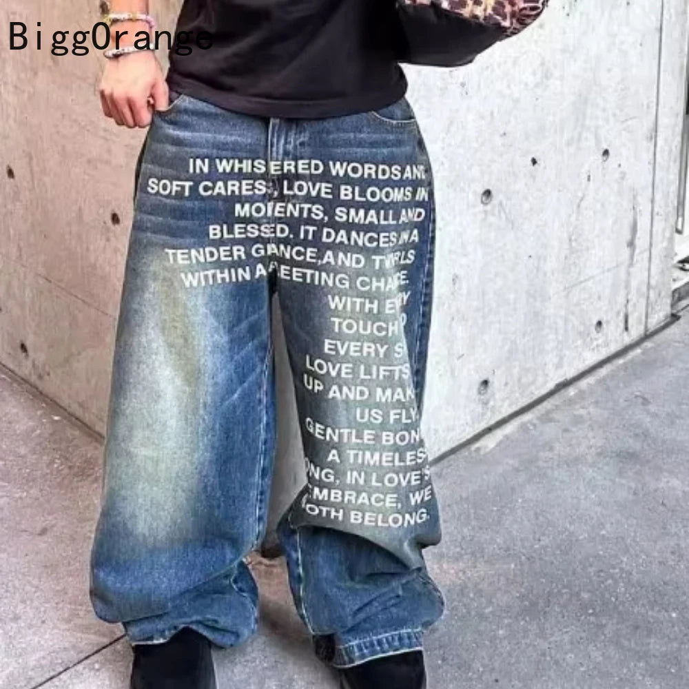 2025 American Fashion Jeans Letter Printing Pattern High Street Casual Wide Legs Y2K Men's Retro Gothic Trendy Casual Pants - Matrix Studios
