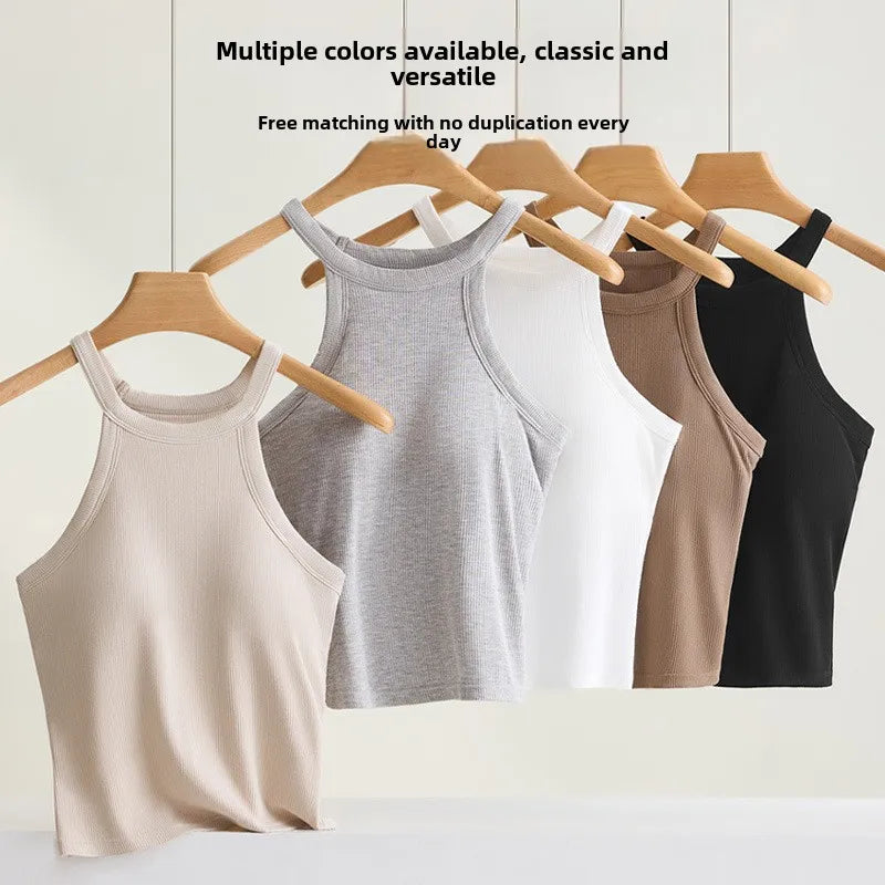 Threaded Halter Neck Camisole Top With Build-in Bra High Elastic Slim-fitting Sling Fixed Cup Breathable Women Underwear - Matrix-studios.com