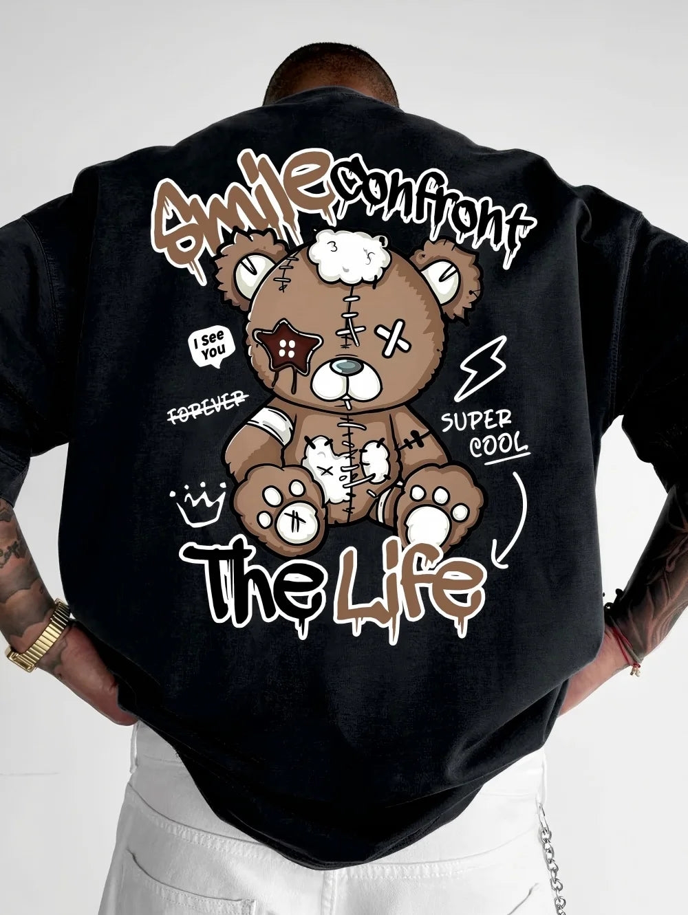 Summer New Men's Fashion Style Teddy Bear Letter Print Comfortable and Breathable Round Neck T-Shirt Outdoor High Street Top - Matrix Studios