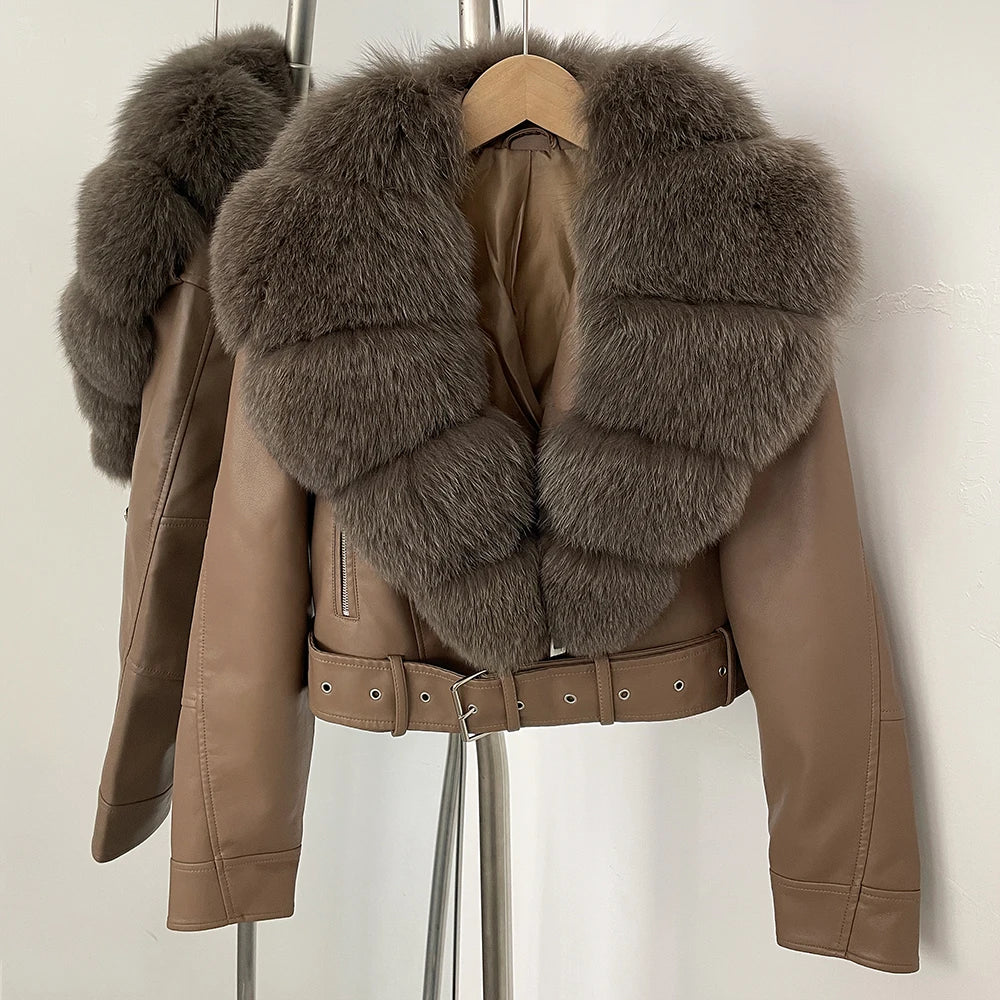 OFTBUY Natural Fox Fur Faux Leather Jacket Female New Autumn Short Top Clothing Women Long Sleeve Fake Leather Real Fur Coat - Matrix Studios