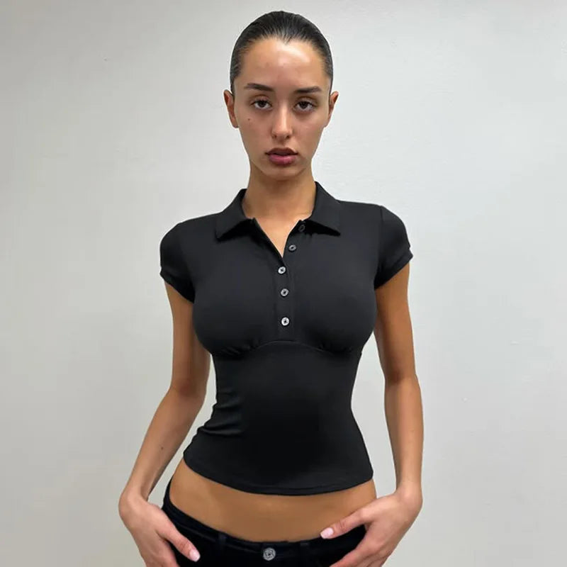 Black Polo Collar T-Shirt Slim Sexy Short-Sleeved Summer Women's Short Top - Matrix-studios.com