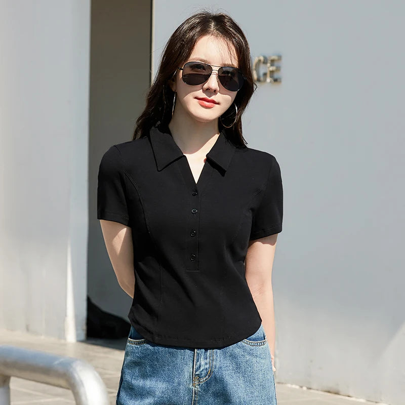Summer New Polo Neck Button Short High Waist T-shirt Slim Fit Short Sleeve Solid Color Cotton Women's Top - Matrix-studios.com