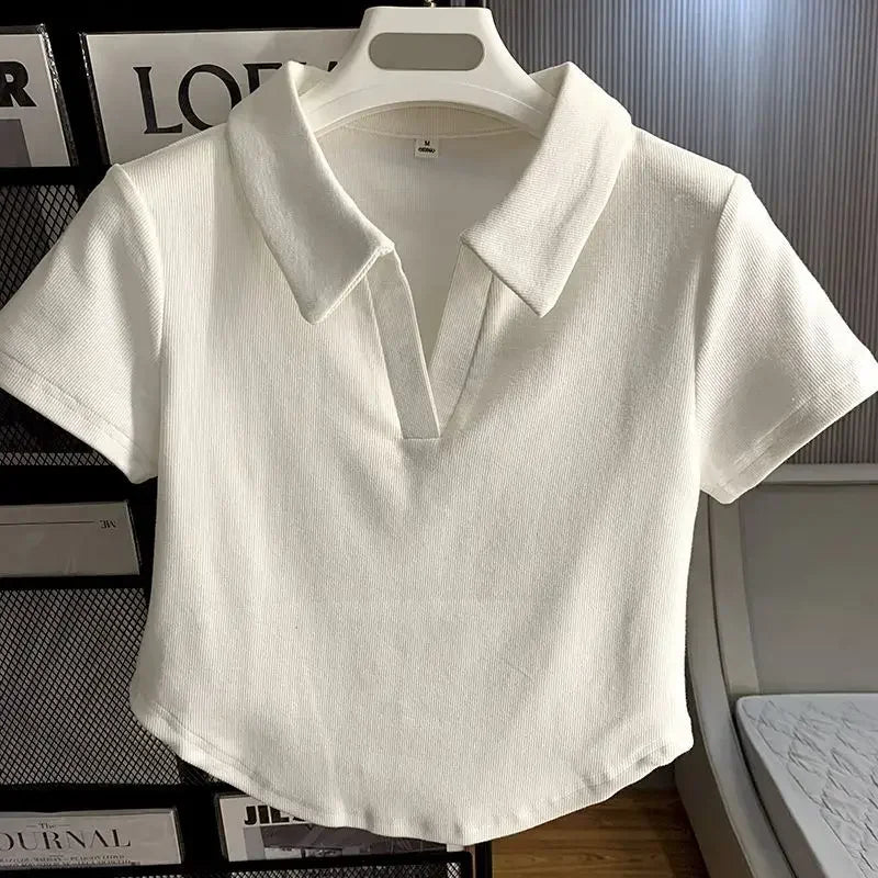 Loves Embroidery T-shirt Polo Collar Orthoshoulder Slim Hotsweet Women's Crop Top Korean Fashion Hottie Simple Casual Wholesale - Matrix-studios.com