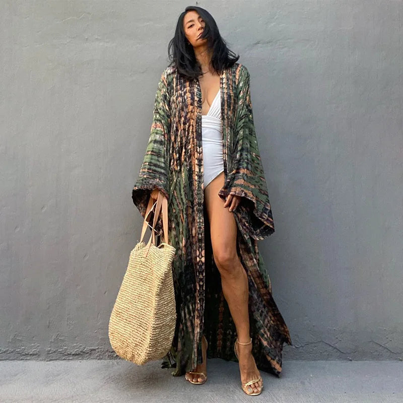Beach Cover Ups Women Tie Dye Printed Kimono Cardigan Self Belted Wrap Dresses Summer Holiday Bathing Suits - Matrix Studios