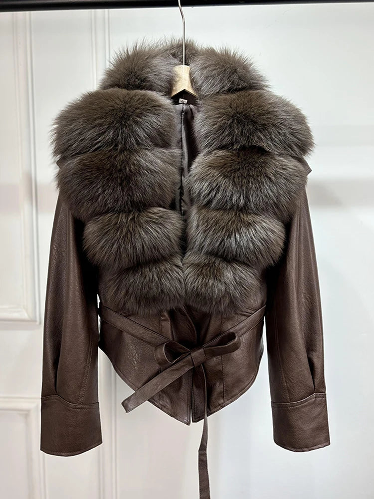 Janveny Huge Big Natural Fox Fur 2025 New Autumen Winter Pu Faux Leather Jacket Women Casual Female Lapel Zipper Motorcycle Coat - Matrix Studios