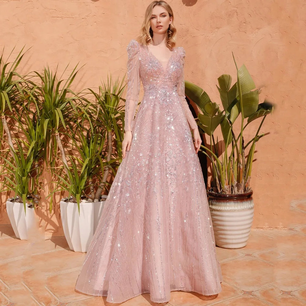 Sparkle Sequin Tulle Evening Dresses For Women Custom Pink A Line V Neck Long Sleeves Floor Length Zipper Back Prom Party Gowns - Matrix Studios