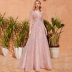 Sparkle Sequin Tulle Evening Dresses For Women Custom Pink A Line V Neck Long Sleeves Floor Length Zipper Back Prom Party Gowns - Matrix Studios