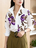 Modigirl 2025 Summer Spring Casual White Shirts for Women Long Sleeves Urban Elegant Stand Collar Woman Flower Print Blouse Tops - Matrix-studios.com