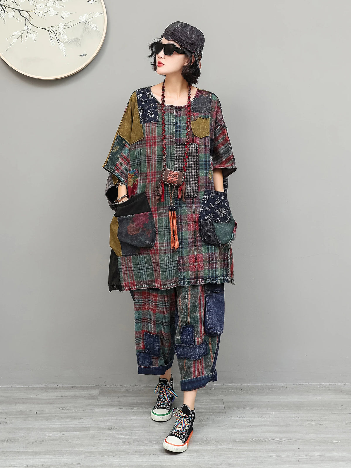 Unique Vintage Women Outfit Early Autumn Plaid Patchwork Loose Sleeveless Mid-length Robe + Cropped Pants Two-piece Set ZF2438 - Matrix-studios.com