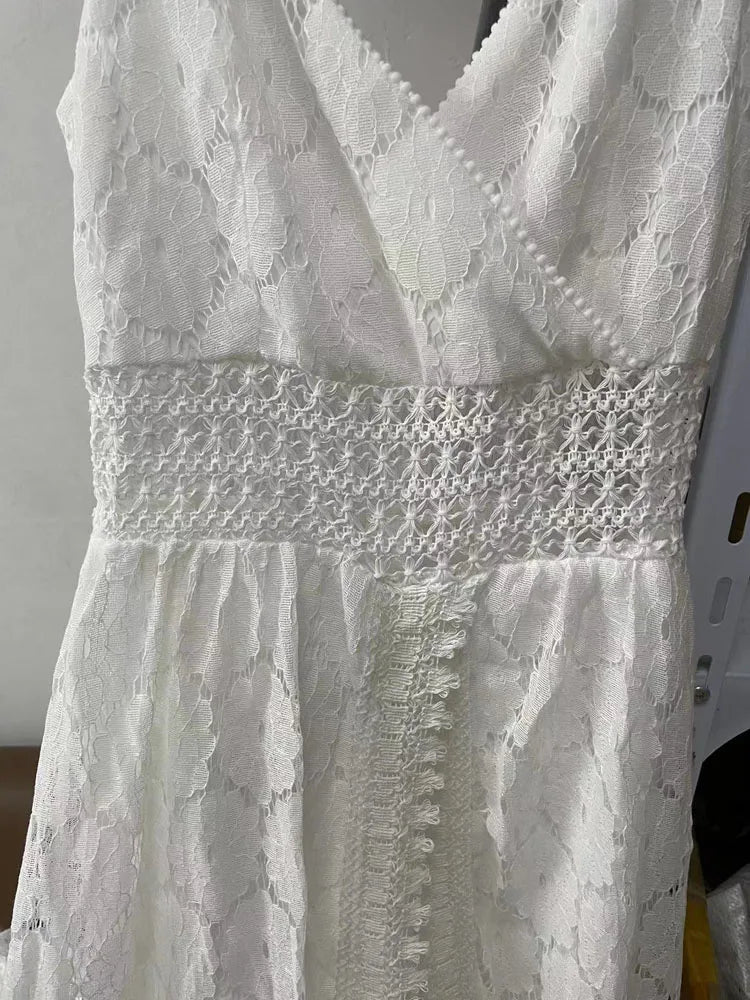 Summer V Neck Solid Color Lace Hollow-Out Sleeveless Sling Party Wear High Waist Rompers Holiday Casual White Women's Jumpsuit - Matrix Studios