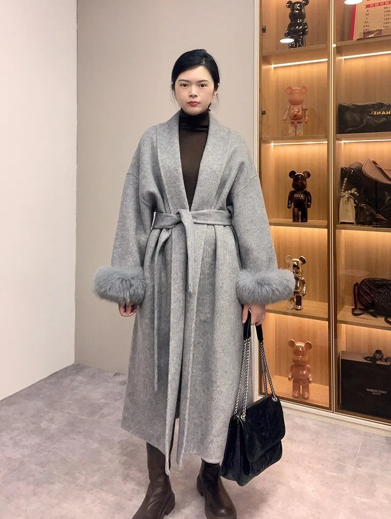 High End Double-sided Wool Strapping Real Wool Fur Coat Women's Removable Cuffs Fox Fur Temperament Cashmere Short Jacket - Matrix Studios