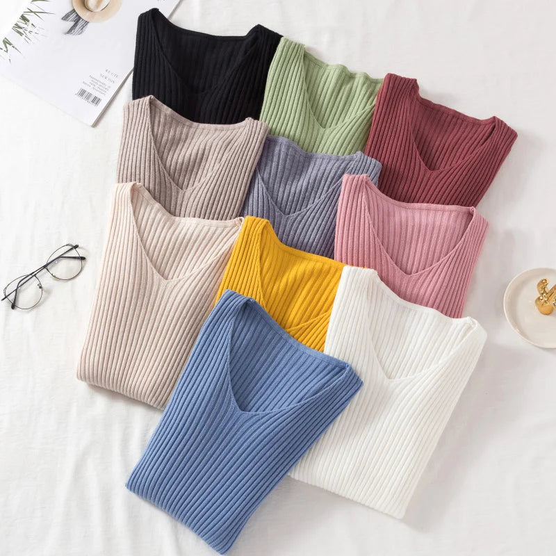 Autumn Winter Women Sweaters Casual Long Sleeve Knitted V Neck Pullover Sweater Femme Basic Solid Jersey Tops Fashion Clothes - Matrix-studios.com