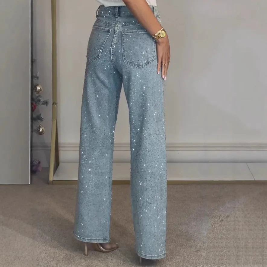 Straight Jeans for Women Diamonds Pants Stretch High Waist Washed Distressed Pockets Vintage Denims Streetwear Female Trousers - Matrix-studios.com