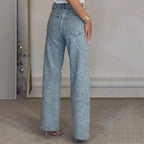 Straight Jeans for Women Diamonds Pants Stretch High Waist Washed Distressed Pockets Vintage Denims Streetwear Female Trousers - Matrix-studios.com