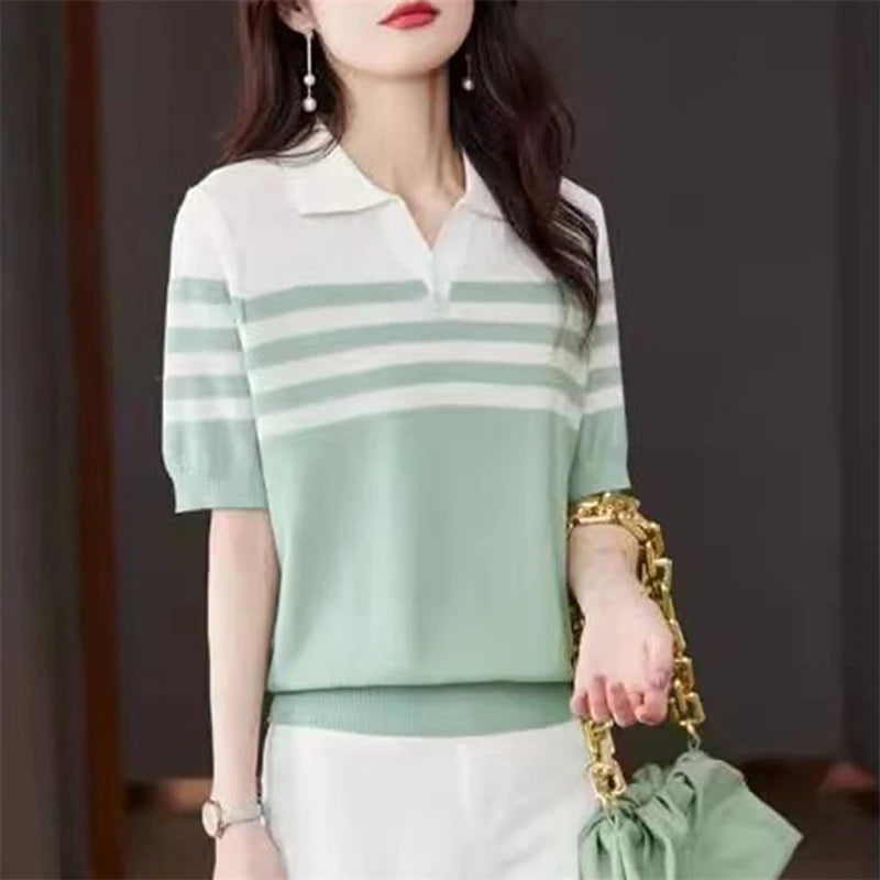 Women's POLO Collar T-Shirt Summer New 100% Cotton Knitted Short-Sleeved Casual Striped Shirt Women's Lapel Pullover Loose Top