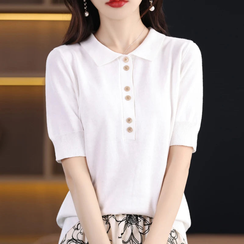 Women's T-shirt Summer 100% Cotton Sweater Short Sleeve Casual Knitwear POLO Collar Ladies' Tops Loose Pullover Tees Buttons - Matrix-studios.com