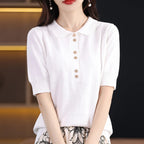 Women's T-shirt Summer 100% Cotton Sweater Short Sleeve Casual Knitwear POLO Collar Ladies' Tops Loose Pullover Tees Buttons - Matrix-studios.com