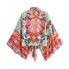 Happie Queens Floral Print Sashes Short  Kimono Women Fashion V Neck Batwing Sleeves Robe Lady Boho Bikini Cover-ups - Matrix Studios
