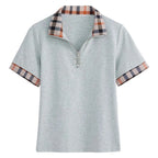 European Station Polo Collar Checkered Short sleeved T-shirt Women's Summer New Fashion Light Luxury Loose Pure Cotton Top - Matrix-studios.com