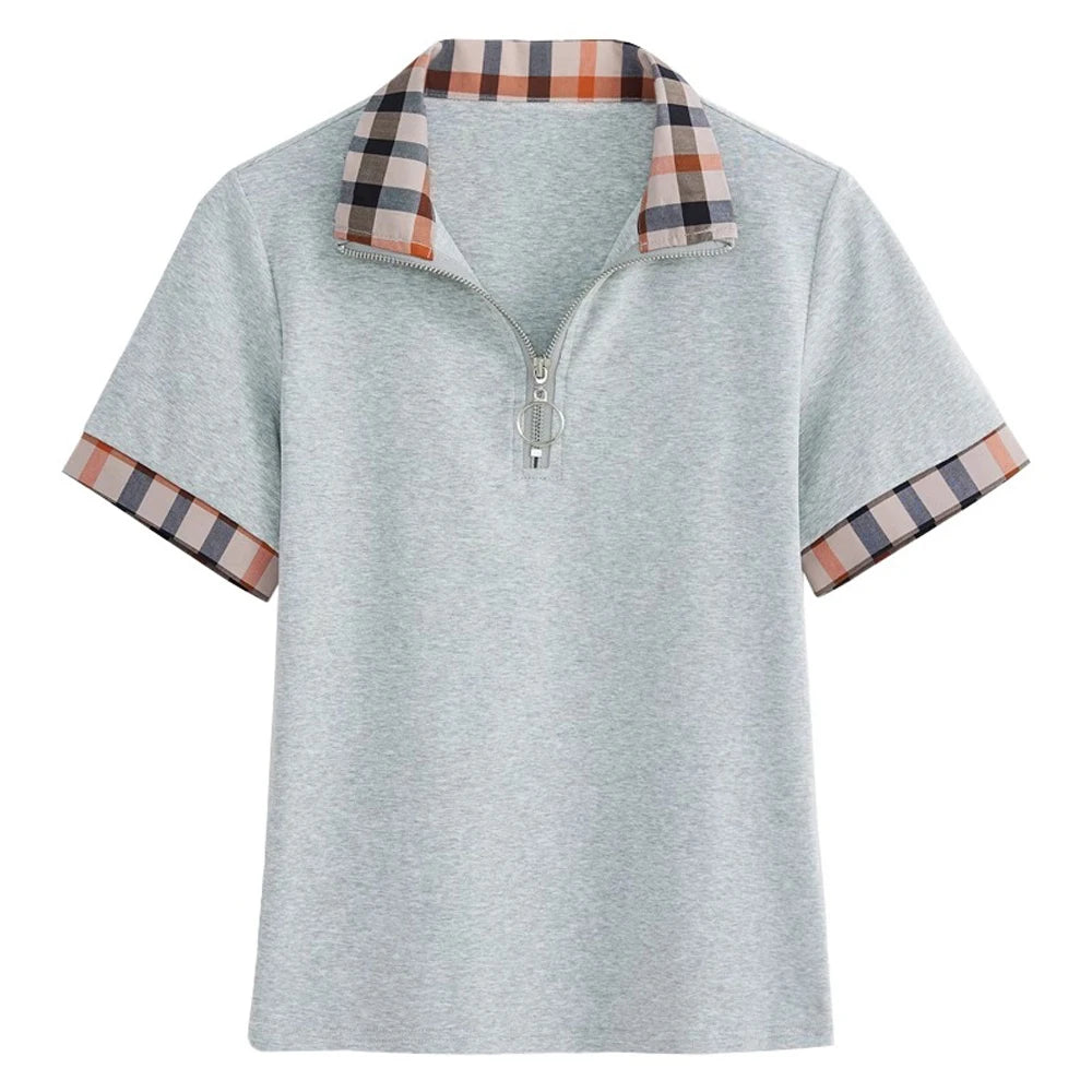 European Station Polo Collar Checkered Short sleeved T-shirt Women's Summer New Fashion Light Luxury Loose Pure Cotton Top - Matrix-studios.com