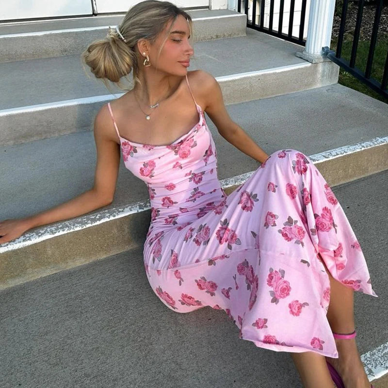 Printed Floral Spaghetti Dresses For Women Fashion Sexy Club Y2K Sleeveless Slash Neck Skinny Long Vestidos Robes Female Bodycon - Matrix-studios.com
