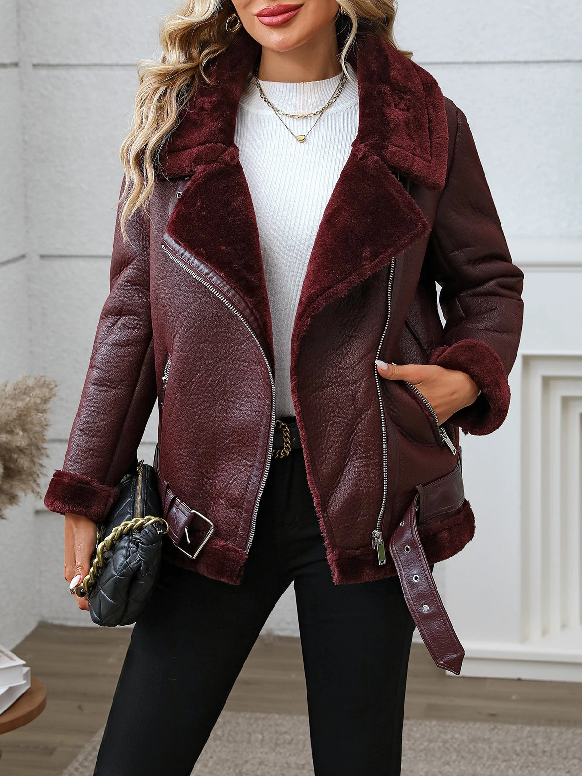 FTLZZ Winter Women Faux Fur Leather Jacket High Street Motorcycle Outwear Casual Lady Thick Warm Leather Jacket - Matrix Studios