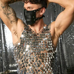 Sparkling Diamond Cut-Out See-Through Vest For Men - New Summer Style Sexy Nightclub Party Fishnet Beaded Outerwear Top - Matrix Studios