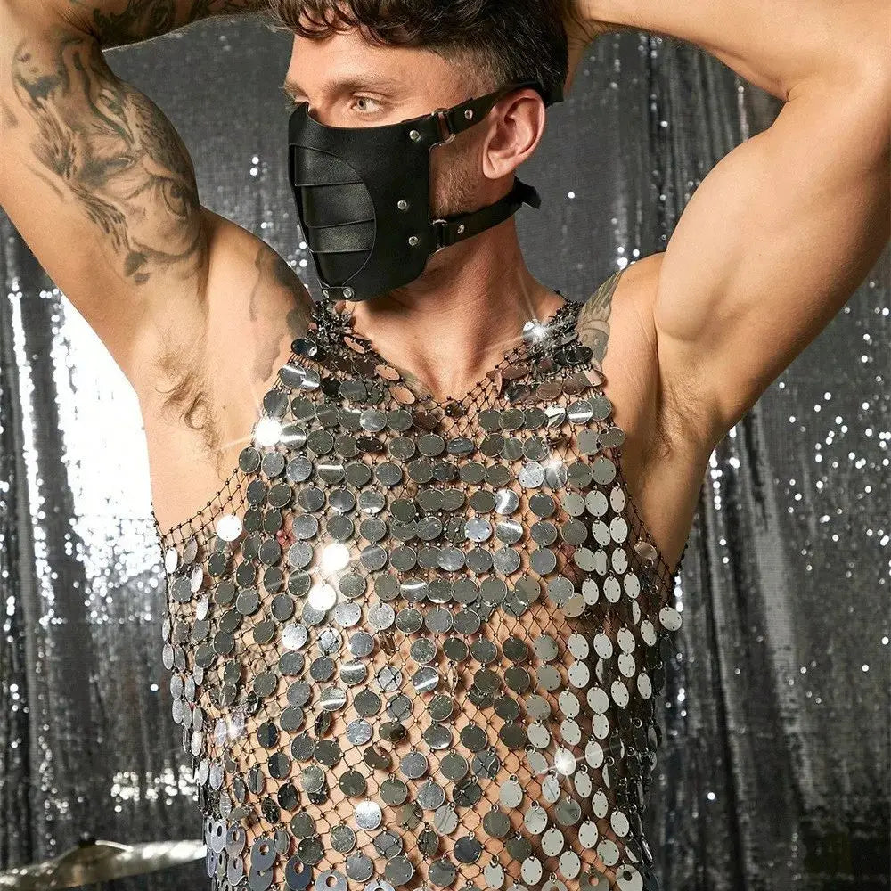 Sparkling Diamond Cut-Out See-Through Vest For Men - New Summer Style Sexy Nightclub Party Fishnet Beaded Outerwear Top - Matrix Studios