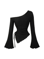 Women's Off-Shoulder Cross Long-Sleeved Slim Fit T-Shirt Asymmetrical Street Style Casual Elegant Top with Trumpet Sleeves - Matrix-studios.com