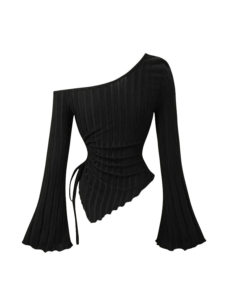 Women's Off-Shoulder Cross Long-Sleeved Slim Fit T-Shirt Asymmetrical Street Style Casual Elegant Top with Trumpet Sleeves - Matrix-studios.com