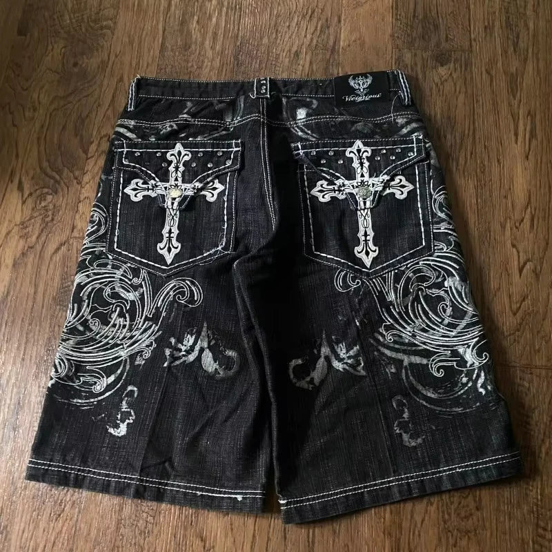 American New Retro Letter Embroidery Tooling Denim Shorts Trend Gothic Y2K Harajuku Hip-hop Loose Sports Shorts Street clothes