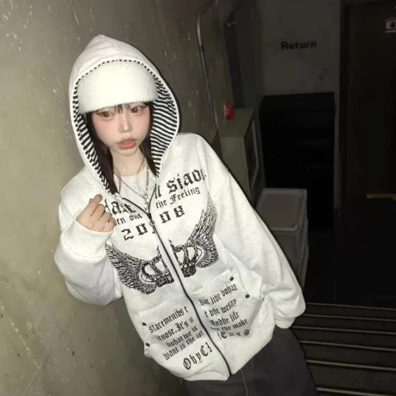 2000S American Vintage Striped Loose Long Sleeve Hooded Sweatshirt Y2k Subculture Casual Zip Up Hooded Cardigan Harajuku Coats - Matrix Studios