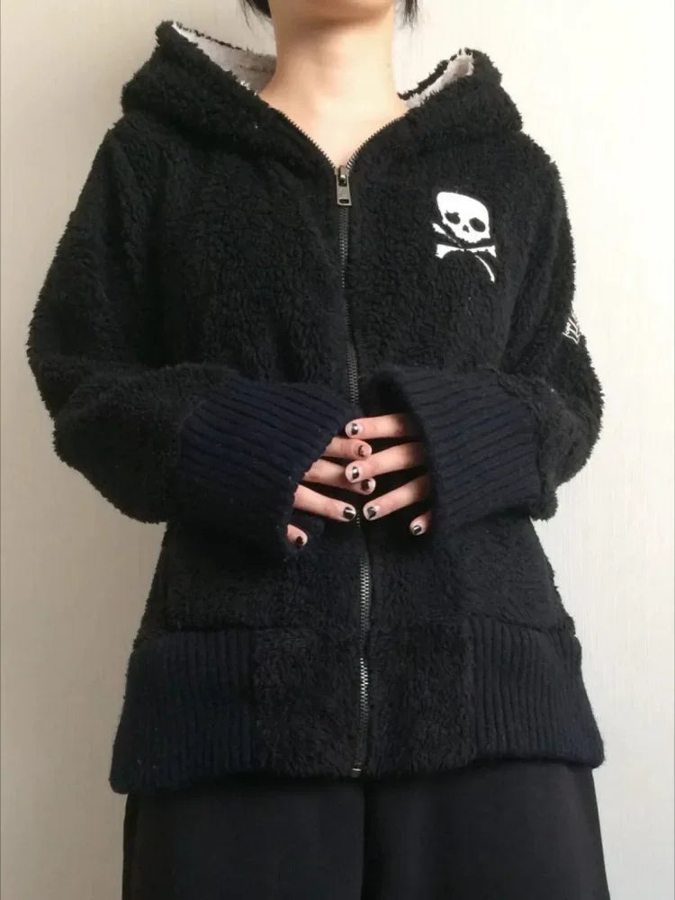 Y2k Lamb Wool Jackets Women Gothic Hoodies Cross Skull Grunge Zipper Sweatshirts Vintage Casual Hooded Coats Harajuku Streetwear - Matrix Studios