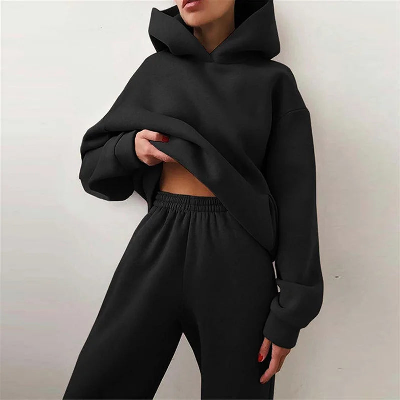 Women's Tracksuit Suit Autumn Fashion Warm Hoodie Sweatshirts Two Pieces Oversized Solid Casual Hoody Pullovers Long Pant Sets - Matrix-studios.com