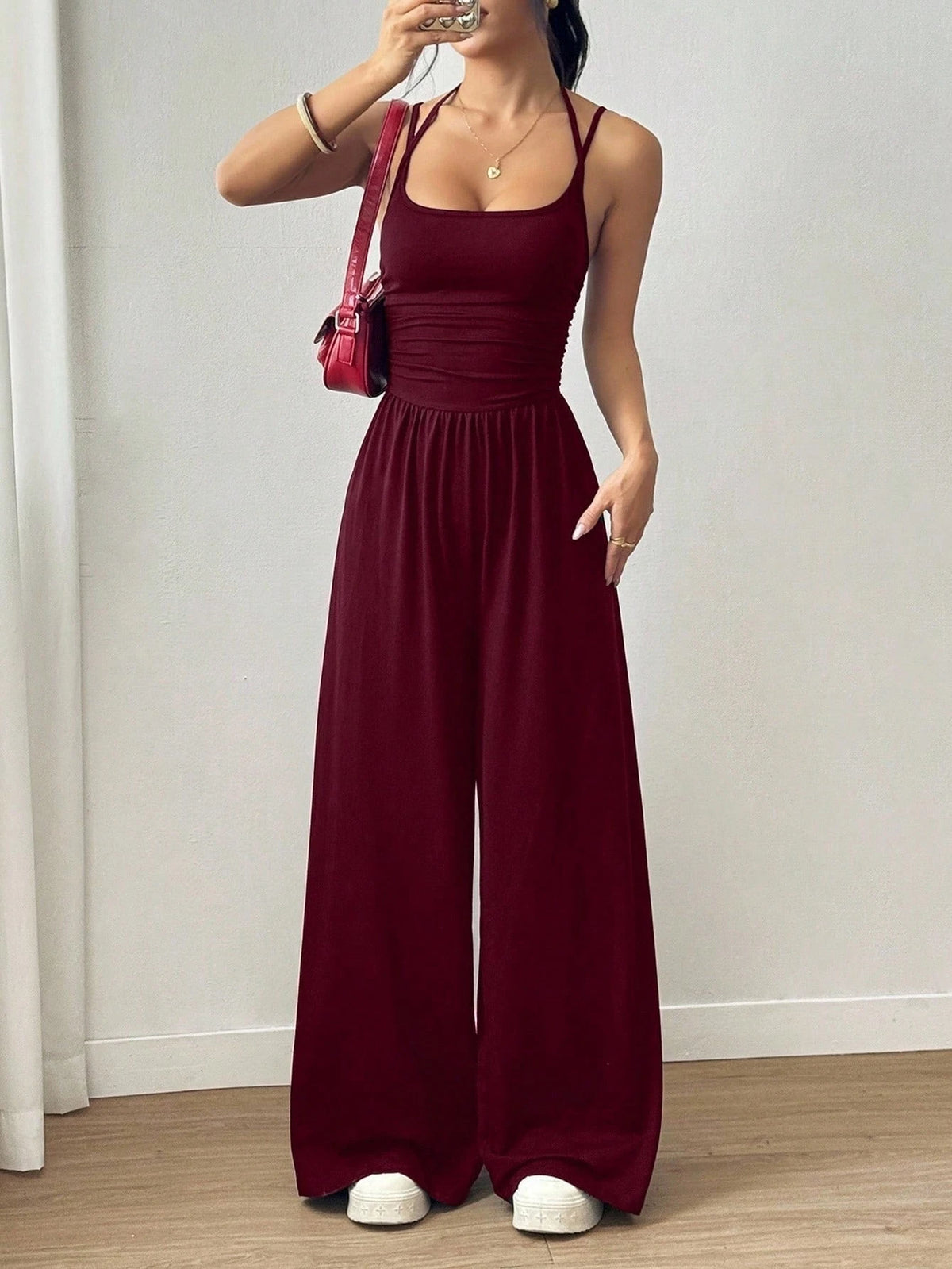 Women's Casual Solid Color Pleating Loose Straight Jumpsuit A-line Backless Halter Neck Slim Cami Jumpsuit Streetwear 2025 - Matrix Studios