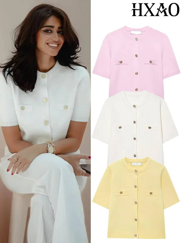HXAO Cardigan Woman Knitwear Button Ladies Short Sleeve Knit Bolero Women's Tricot Top Summer Outerwear Crop Cardigan Top Female - Matrix Studios