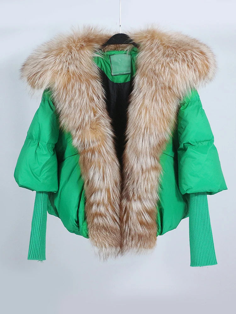 Loose Natural Real Fox Fur Collar Coat Thick New European Fashion White Duck Down Jacket Winter Women Warm Luxury Outerwear - Matrix Studios