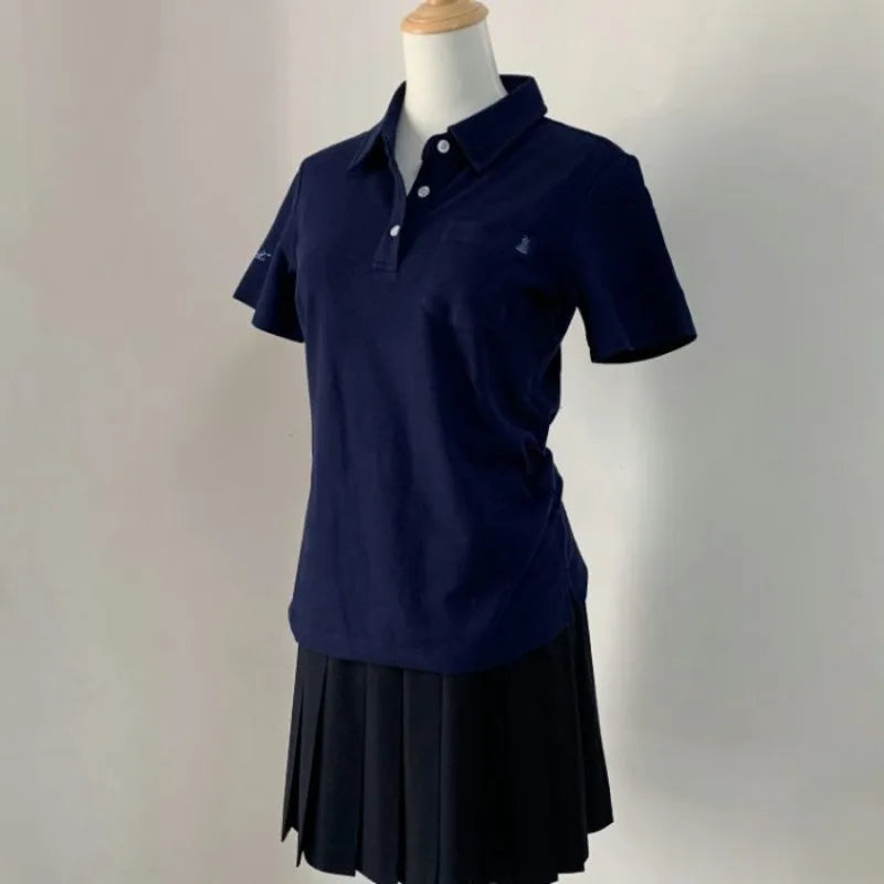 Deeptown Basic Embroidere T-Shirts Women Short Sleeve Polo Collar Japanese Style JK Tees Slim Preppy Solid Color Summer Youthful - Matrix-studios.com