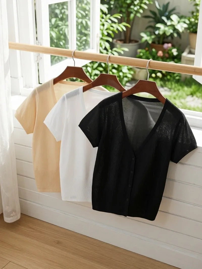 Outerwear Jerseys Summer Cardigan Women Cropped Blouses Korean Fashion Style Cute V-neck Women's Coat Black Bolero Woman Basic - Matrix Studios