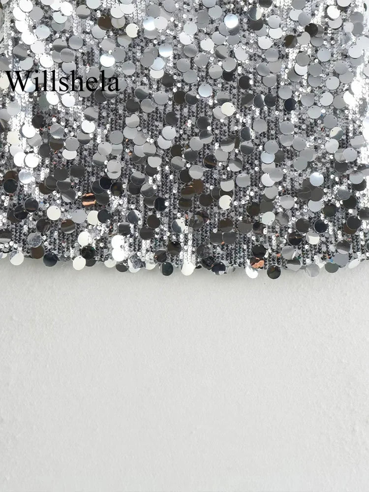 Willshela Women Fashion With Sequined Solid Side Zipper Mini Skirt Vintage High Waist Female Chic Lady Skirts - Matrix-studios.com