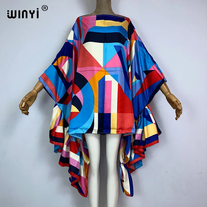 WINYI Women Summer Fashion Evening Party Beachwear Kuwait Bohemian Abaya Kaftan Puff Sleeve Sexy Elegant Beach Cover Up Dress - Matrix Studios
