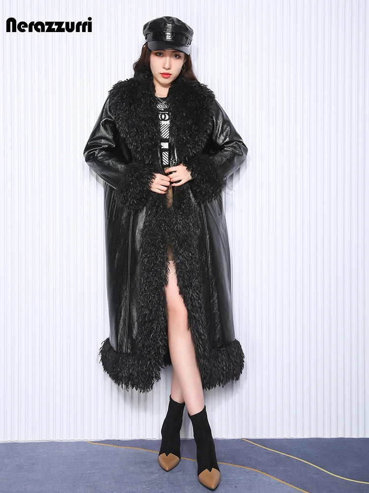 Nerazzurri Autumn Winter Long Loose Black Quilted Warm Soft Pu Leather Coat Women with Faux Fur Trim Sashes European Fashion - Matrix Studios
