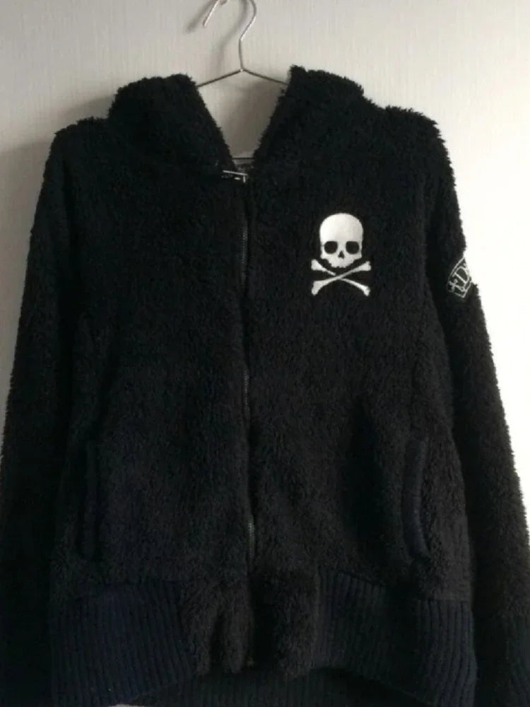 Y2k Lamb Wool Jackets Women Gothic Hoodies Cross Skull Grunge Zipper Sweatshirts Vintage Casual Hooded Coats Harajuku Streetwear - Matrix Studios