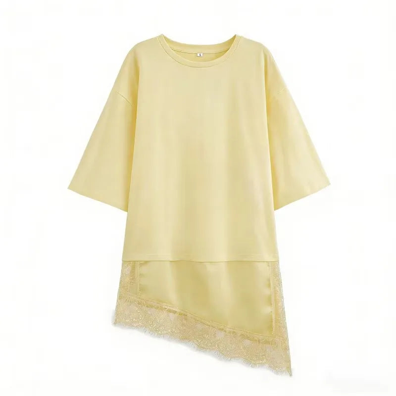 HH Women Vintage Solid Lace Patchwork T-Shirts Asymmetrical Hem O Neck Short Sleeve Shirt 2026 Trend High Street Lady Chic TEES - Matrix-studios.com